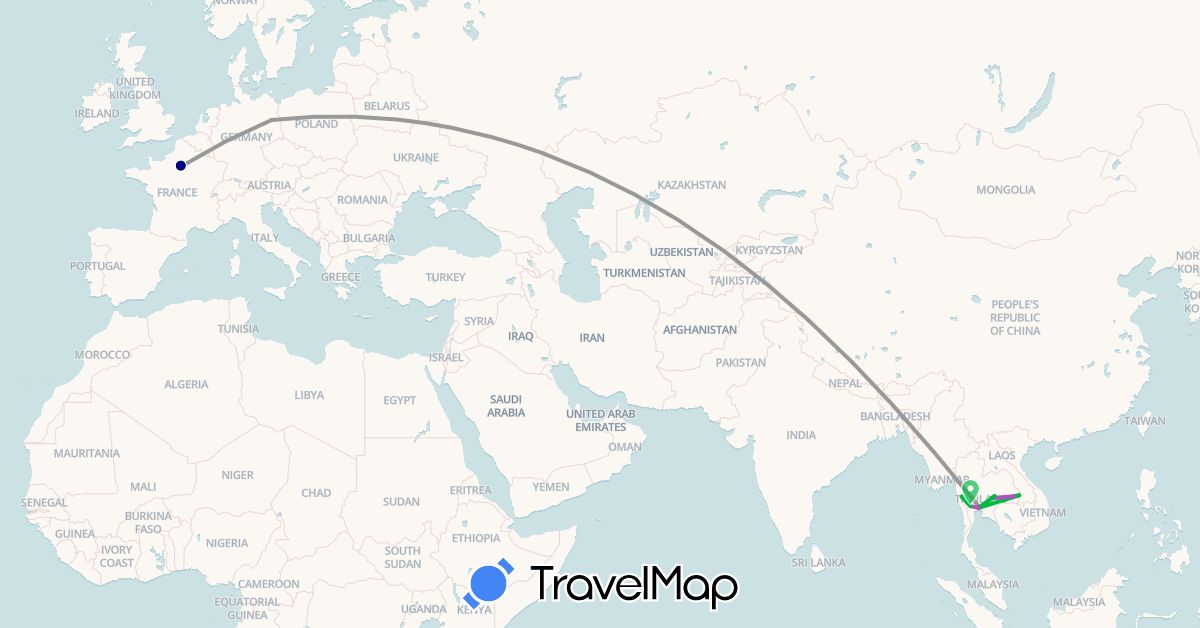 TravelMap itinerary: driving, bus, plane, train in Germany, France, Thailand (Asia, Europe)